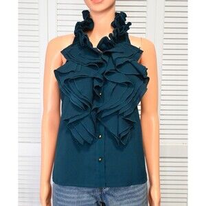 Robbi & Nikki Women’s Teal Ruffle Blouse Sleeveless High Neck Top XS